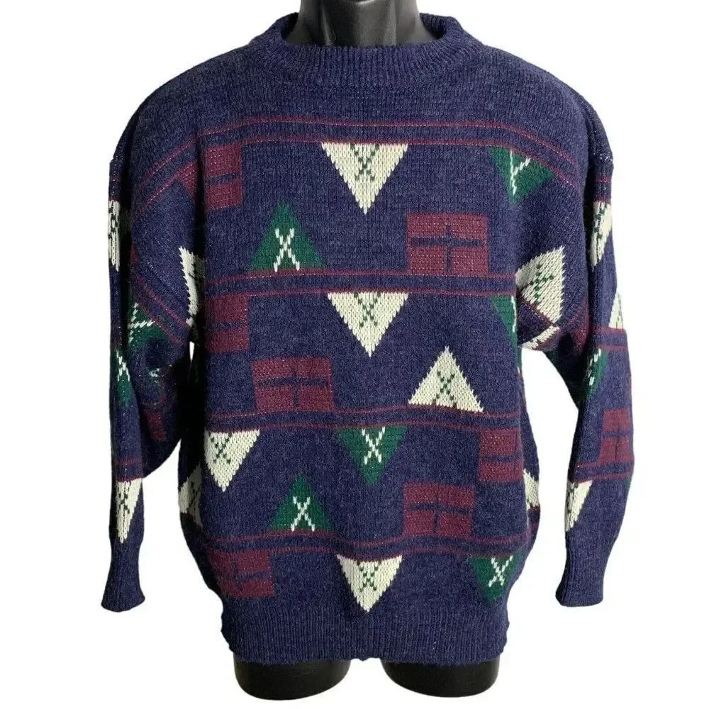 Vintage 80s Crewneck Pullover Knit Sweater L Blue Wool Blend Nautical